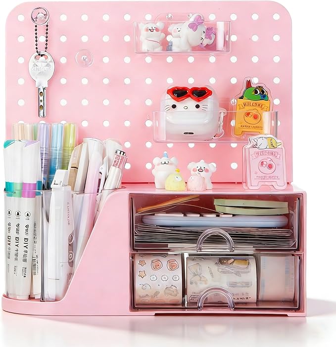 Comix Desk Organizer with 2 Drawer, Multifunctional Pen Holder for Desk, Desktop Organizer with Pegboard + Drawer + 5 Slots Pencil Holder for Office Home Art Supplies (Pink)