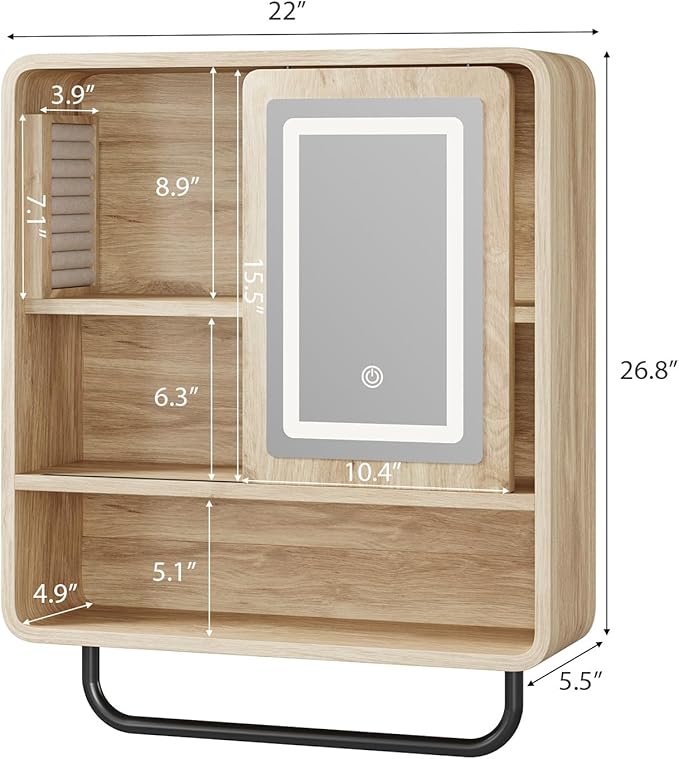 QUW Modern Bathroom Wall Cabinet, Medicine Cabinets with Mirror, Over The Toilet Storage Cabinet for Bathroom, Towel Bar, Sliding Door, 3 Lighting Modes, Adjustable Brightness, Natural Oak