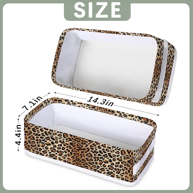 Leopard Print Bathroom Basket Foldable Toilet Tank Topper Paper Basket Waterproof Fabric Storage Organizer Bins Decorative Open Storage for Home Closet Containers Cabinet Set of 2