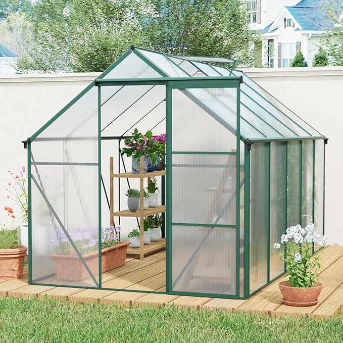 Polycarbonate Greenhouse with Rain Gutter and Roof Vent, Raised Base and Anchor Aluminum Heavy Duty Walk-in Green House, Outdoor Patio Sunroom with Sliding Door (Green, 122.44*74.8*76.77in)
