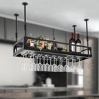 Industrial Wine Rack Ceiling Mounted, 110 lbs Heavy Duty, Adjustable Height, Holds 27 Glasses, Vintage Iron Floating Shelf for Kitchen, Bar, Restaurant (Black)