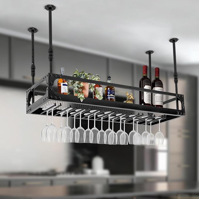 Industrial Wine Rack Ceiling Mounted, 110 lbs Heavy Duty, Adjustable Height, Holds 27 Glasses, Vintage Iron Floating Shelf for Kitchen, Bar, Restaurant (Black)