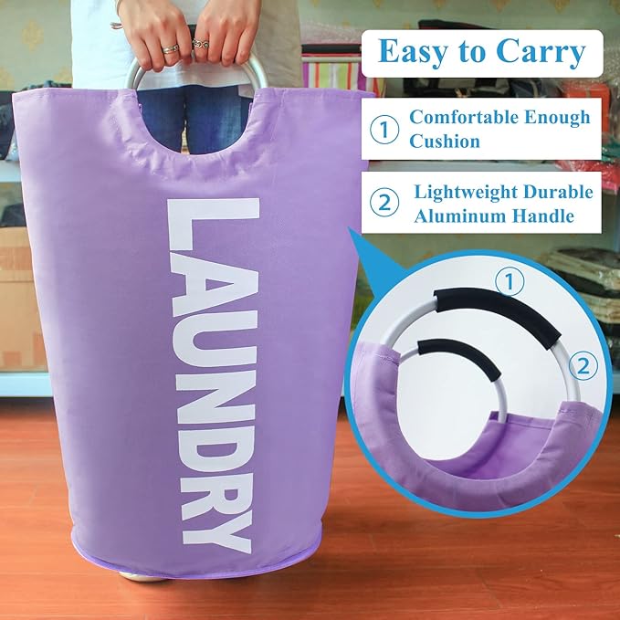 Mziart 90L Large Collapsible Laundry Basket with Padded Handles, Heavy Duty Oxford Fabric Laundry Hamper Tall Laundry Bag Foldable Laundry Bin Storage Organizer for Nursery Bedroom College Dorm-Purple