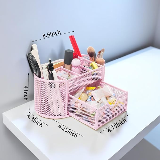 Desktop Organizer with Pencil Pen Holder and Accessories Offering 8 Compartments and 1 Drawer for Home, School and Office. (Cherry Blossom Pink)