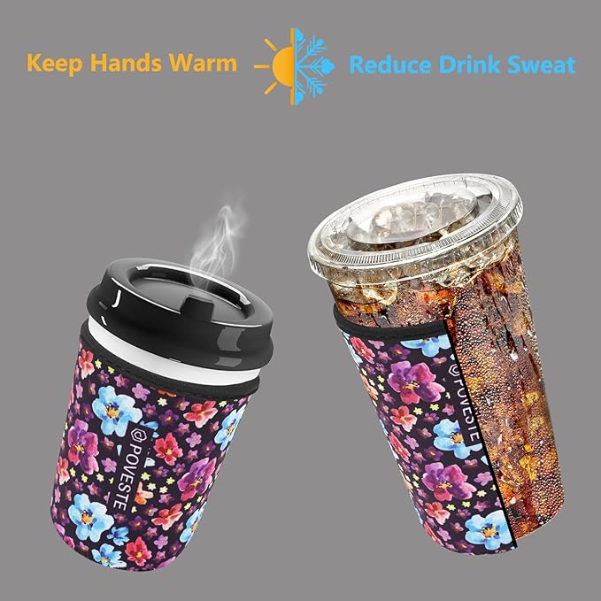 Reusable Neoprene Insulator Sleeve for Iced Coffee & Cold Soda, Coffee Sleeves for Iced & Hot Drinks, Cold Beverage Cooler Compatible with Starbucks, Dunkin (Purple Garden, Small: 16-18oz)