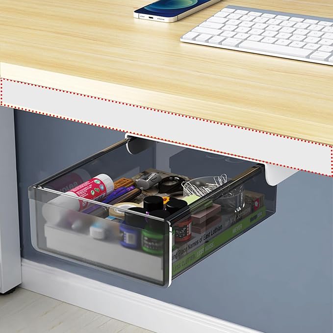 2 Pack Upgrade Under Desk Drawer for Table with Lip,Office Attachable Plastic Desktop Accessories & Workspace Organizers,Hidden Under Table Desk Storage Organizer Pencil Tray Drawer Slide Out