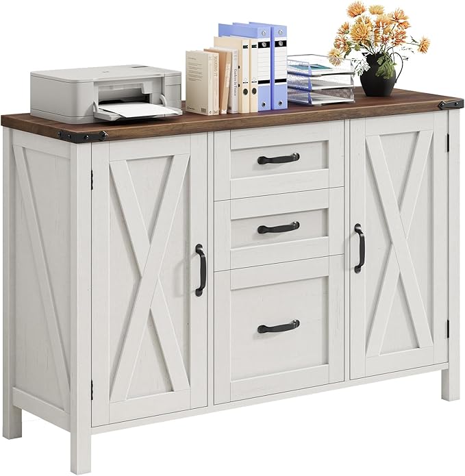 3 Drawer File Cabinet, Farmhouse Lateral Filing Cabinet with Doors Fits Letter or A4 Size, Wooden Printer Stand with Open Storage Adjustable Shelf for Home Office, Rustic White
