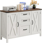 3 Drawer File Cabinet, Farmhouse Lateral Filing Cabinet with Doors Fits Letter or A4 Size, Wooden Printer Stand with Open Storage Adjustable Shelf for Home Office, Rustic White