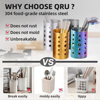 QRU Kitchen Utensil Holder for Countertop (H6.7” x W4.1”), Stainless Steel Cooking Utensil Caddy for Tools, Spatulas, Spoons, Silverware & More, Cooking Utensil Organizer, Kitchen Decor (Silver)