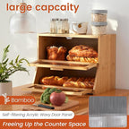GHWIE Double Layer Bamboo Bread Box for Kitchen Counter,Large Capacity Bread Storage Bin,Bread Container with Acrylic Wavy Door Panel (Natural, Medium)