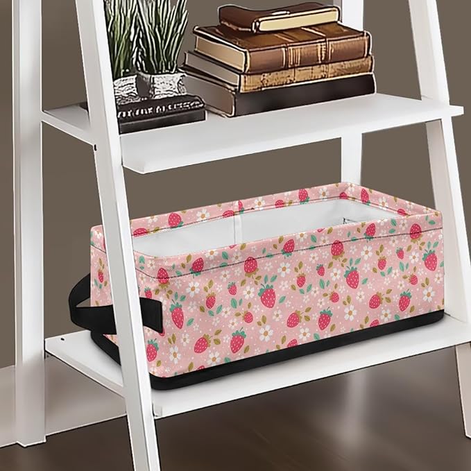Storage Bin Organizer Collapsible Fabric Basket for Bathroom Kitchen Office Home Storage with Handles for Easy Carrying 13.89 x 7.13 x 4.37 Inch, Strawberry Flower Pink