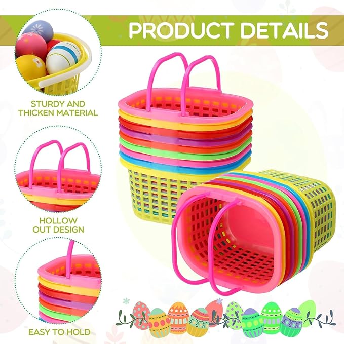 100 Pcs Easter Baskets Bulk Colorful Plastic Egg Baskets with Handle 6.7" x 5.11" x 3.5" Easter Buckets for Party Favors Egg Hunts Supplies Decorations, 7 Colors