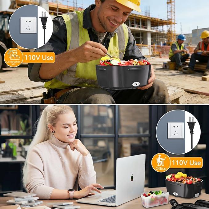 Vingud Electric Lunch Box for Adults, Heated Lunch Box Food Warmer, 80W Portable Heating Lunchbox for Men/Car/Truck with 1.5L Stainless Steel Container, 12V/24V/110V Lonchera Eléctrica Portátil Gift
