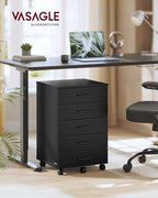 VASAGLE File Cabinet, Mobile Pedestal Filing Cabinet with Wheels, Printer Stand with 5 Drawers, Tool-Free Sliding Rails, for Study, Home Office, Ink Black UOFC081BC02