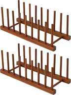 HBlife 2pcs Teak Dish Drying Rack Plates Holder Stand Kitchen Storage Cabinet Organizer for Dish/Plate/Bowl/Cup/Pot Lid/Cutting Board (8 Slots)