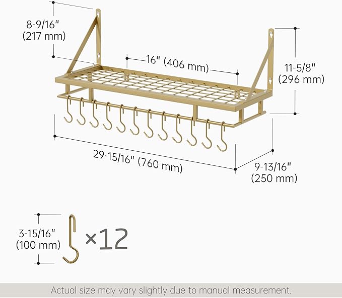 KES 30-Inch Gold Pot Rack, Wall Mounted Hanging Pot and Pan Organizer with 12 Sturdy Hooks, Elegant Modern Kitchen Wall Hanger Shelves, KUR215S75A-GD