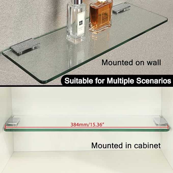 SAYAYO Floating Glass Shelves for Bathroom, Tempered Glass Shelf for Wall 15 x 5 Inch 1 Pcs, Clear
