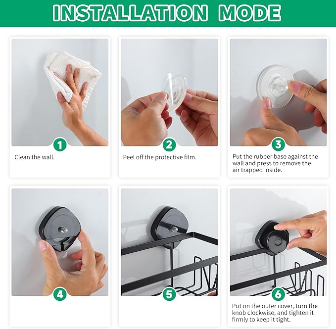 KEGII Shower Caddy Suction Cup – Removable Suction Bathroom Organizers Shelf with Soap Holder, Razor Holder & Hooks, Rustproof Shower Storage for Renters, No Drilling Black Bathroom Storage Basket