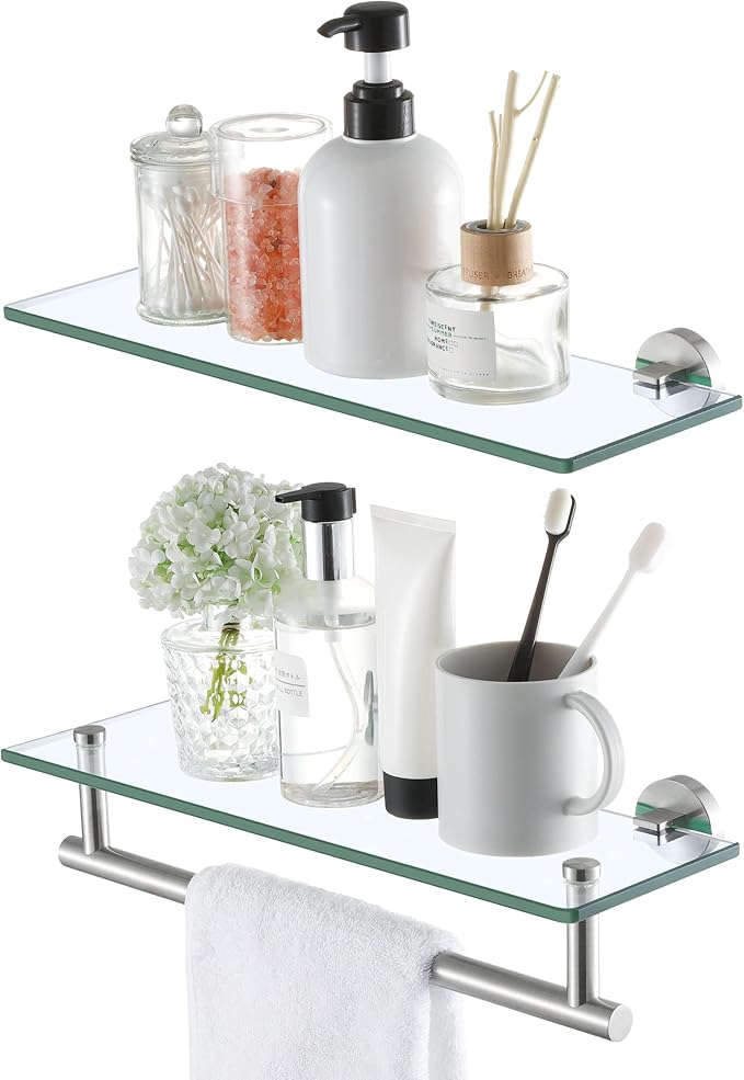 KES Glass Shelves for Bathroom, 16-Inch Glass Floating Bathroom Shelf with Bar 2 Pack Wall Mount SUS 304 Stainless Steel Brushed Finish, A2022S41-2-C1