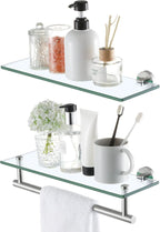 KES Glass Shelves for Bathroom, 16-Inch Glass Floating Bathroom Shelf with Bar 2 Pack Wall Mount SUS 304 Stainless Steel Brushed Finish, A2022S41-2-C1
