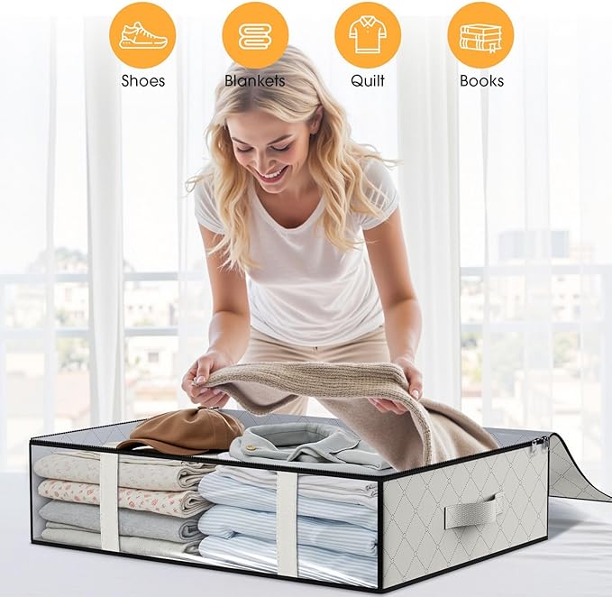 StorageRight Under Bed Storage Bags 10 Pack, 40L Large Clothes & Comforter Storage Containers with Clear Window, Breathable Fabric Organizer for Blankets, Bedding, Seasonal Clothing, White