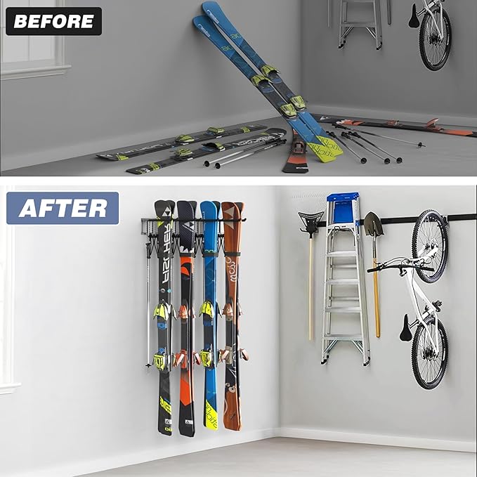 WALMANN Garage Storage Organization Wall Ski Rack 4 Pairs of Skis Mount Ski Hanger for Garage Snowboard Wall Rack Holds Up to 200 lbs