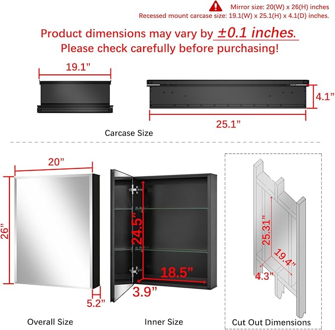 Fundin Medicine Cabinet 20 x 26 inches Mirror Size, Recessed or Surface Mount, Black Aluminum Bathroom Wall Cabinet with Mirror and Adjustable Shelves.