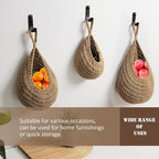 Hanging Fruit Large Basket Set of 3, Boho Wall Hanging Storage Basket for Organizing, Handmade Teardrop Hammock Holder for Fruit Vegetable in Home & Restaurant Kitchen with Hooks,Light Linen