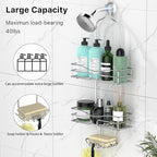 Shower Caddy - Organizer with 6 Hooks, Soap Basket & Self-Adhesive Pad, Silver