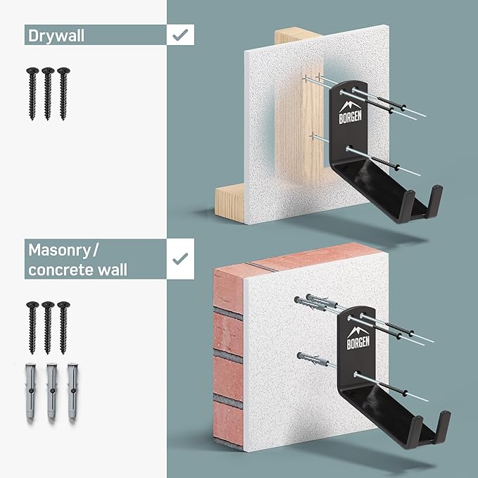 Borgen Bike Wall Mount Pedal Hook for E-Bikes, MTB & Road - Bicycle Wall Mount with Support Brackets and Wall Protection Pads, Suitable as Bike Rack Garage Bike Storage Shed and Bicycle Storage Indoor