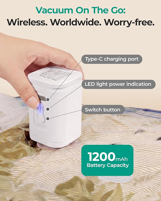 BAGSMART Vacuum Storage Bags for Travel with Rechargeable Air Pump, Portable Space Saver Bags for Travel & Home, Vacuum Compression Seal Bag for Clothing, Blanket, 15 Pack-Khaki Brown