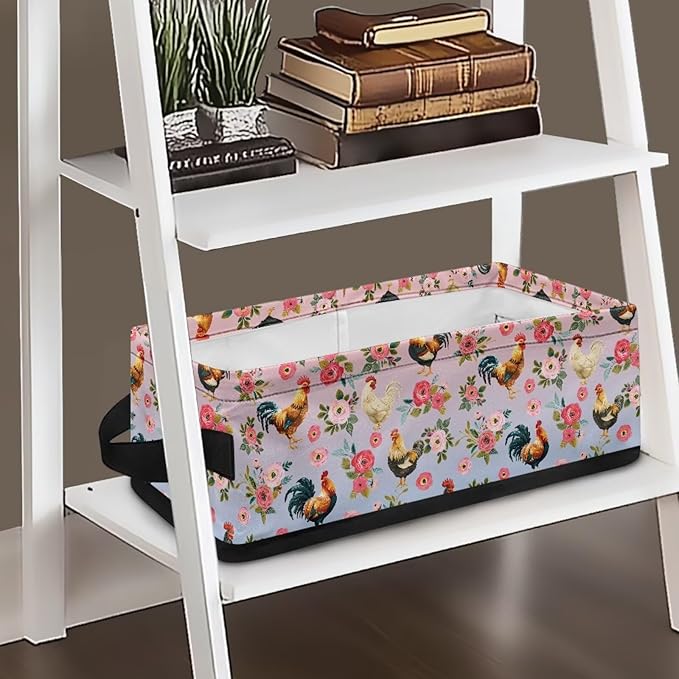 Fabric Storage Bin for Organizing Small Household Items Storage Basket Rectangular Toilet Paper Towels Holder for Bathroom Living Room Decor, Chicken Rooster Rose Pink Blue Gradient