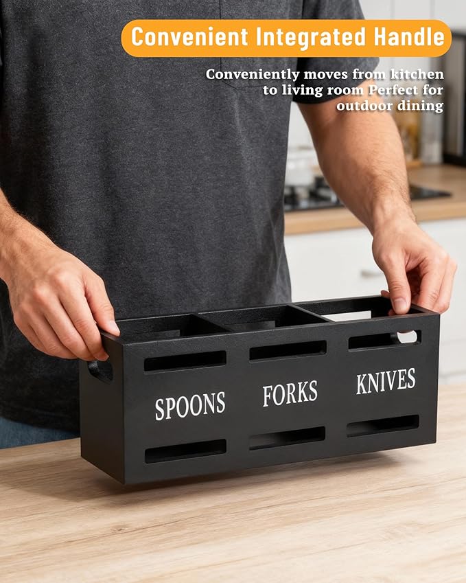 Kitchen Utensils Holder for Counter, Wooden Utensil Organizer for Storage Cooking and Silverware, Black Cooking Utensil Storage Box for Countertop,Wood Organizer with 3 Compartments,Rustic Minimalist.