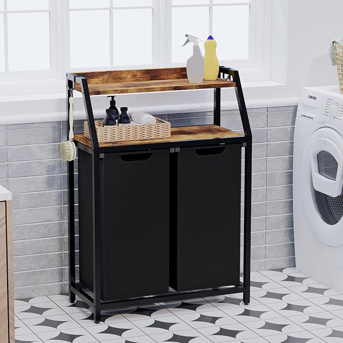 Laundry Hamper, Laundry Sorter 2 Section, Rolling Laundry Basket with Wheels, 2 Shelves, 2 × 14.5 Gal, Pull-Out and Removable Oxford Fabric Bags, for Laundry Room,Black and Rustic Brown