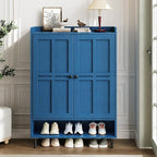Blue 7+1 Tier Farmhouse Shoe Storage Cabinet - 45" Tall Entryway Organizer with Cross Molding Doors, 3 Adjustable Shelves & Metal Legs, Shoe Rack for Front Door Entrance