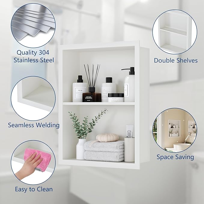 Medicine Cabinet Recessed, Medicine Cabinet Without Mirror, 304 Stainless Steel Medicine Wall Niche with Double Shelves, Matte White