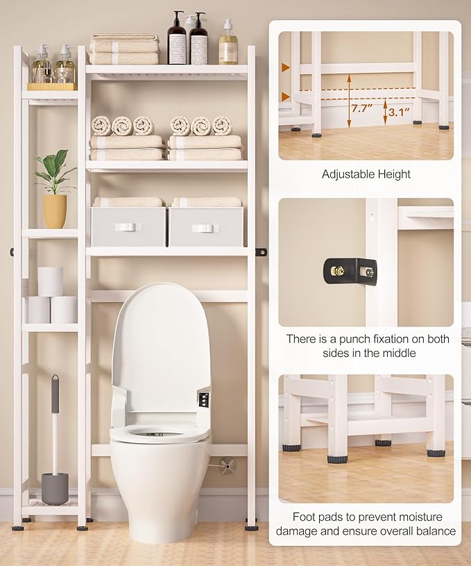 Homde Over The Toilet Storage with Basket and Drawer, Bamboo Bathroom Organizer with Adjustable Shelf & Waterproof Feet Pad, Space Saver Rack for Restroom, Laundry,White
