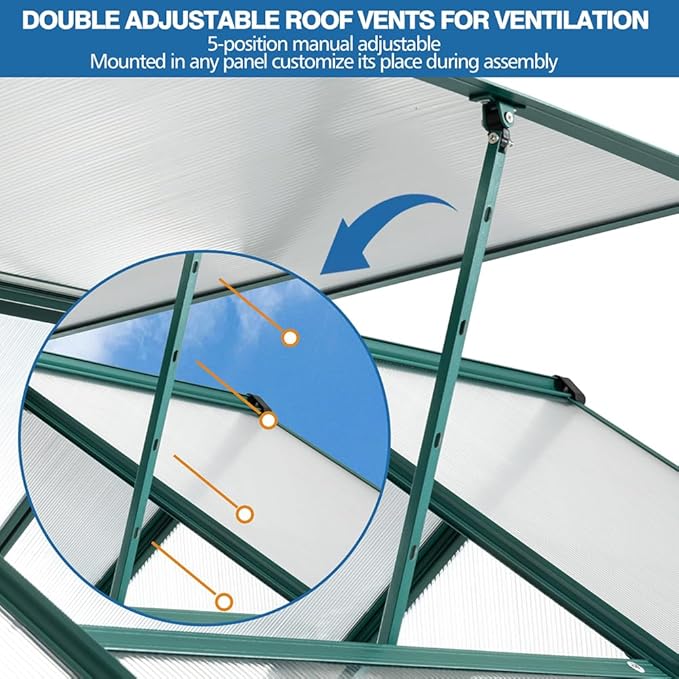 Polycarbonate Greenhouse with Rain Gutter and Roof Vent, Raised Base and Anchor Aluminum Heavy Duty Walk-in Green House, Outdoor Patio Sunroom with Sliding Door (Green, 122.44*74.8*76.77in)