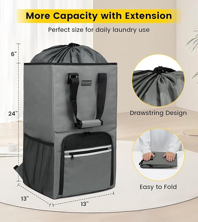 Vorspack Laundry Bag Backpack - Extra Large Laundry Bags with Shoulder Straps Heavy-duty 2 in 1 Laundry Hamper Basket for College Dorm Camp Laundromat Room Essentials - Grey