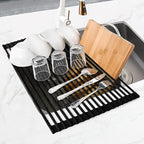 MERRYBOX 20.5" x 13" Roll Up Dish Drying Rack Silicone Wrapped Over The Sink Dish Drying Rack Multipurpose Foldable Sink Drying Mat, Heat-Resistant & Anti-Rust Dish Rack for Kitchen Sink, Large, Black