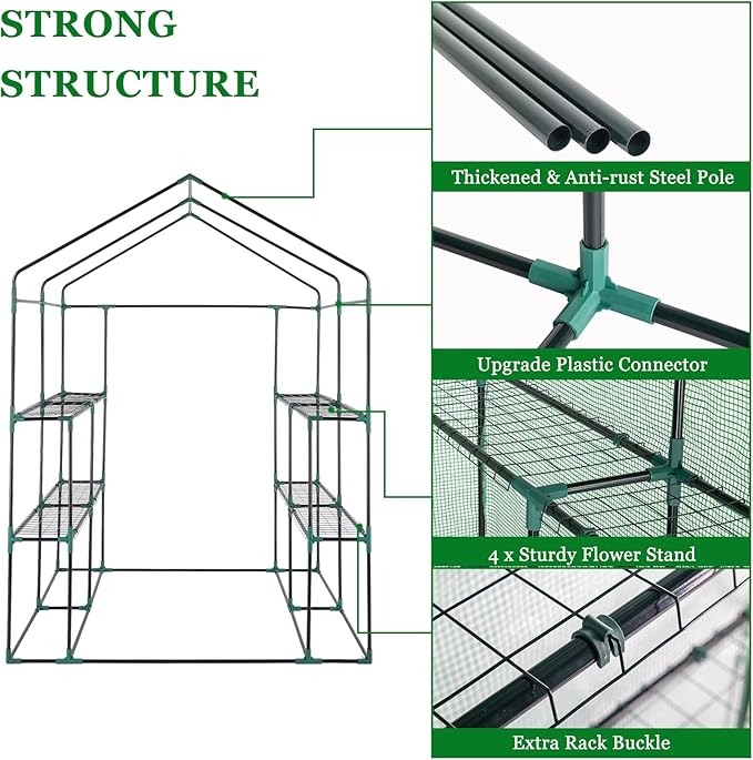 57 x 57 x 74'' Greenhouses for Outdoors, Durable Green House Kit with Window, Thicken PE Cover, 3 Tiers 8 Shelves, Heavy Duty Walk in Green Houses for Indoor Backyard Outside