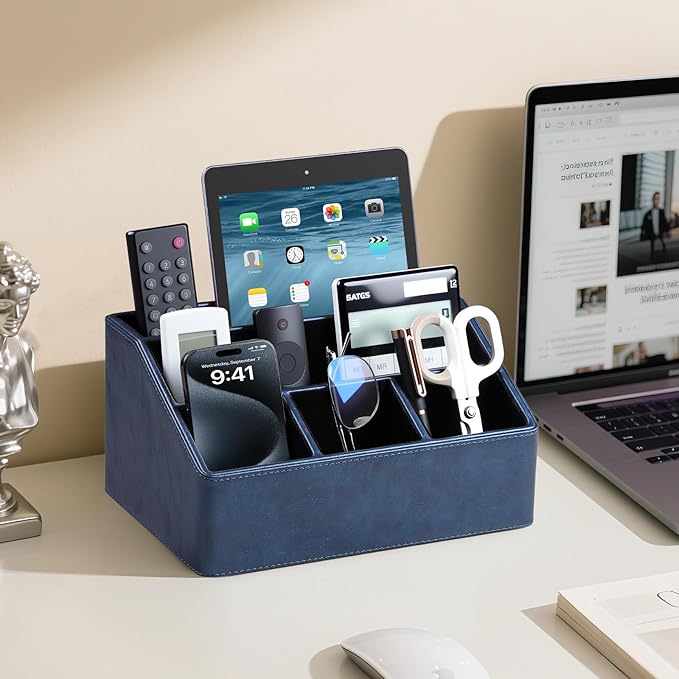 PU Leather Desk Organizer, Luxury Remote Control Holder for Home, Office Desk Accessories Table Caddy Bedside Nightstand Organizer (Dark Blue)