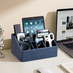 PU Leather Desk Organizer, Luxury Remote Control Holder for Home, Office Desk Accessories Table Caddy Bedside Nightstand Organizer (Dark Blue)