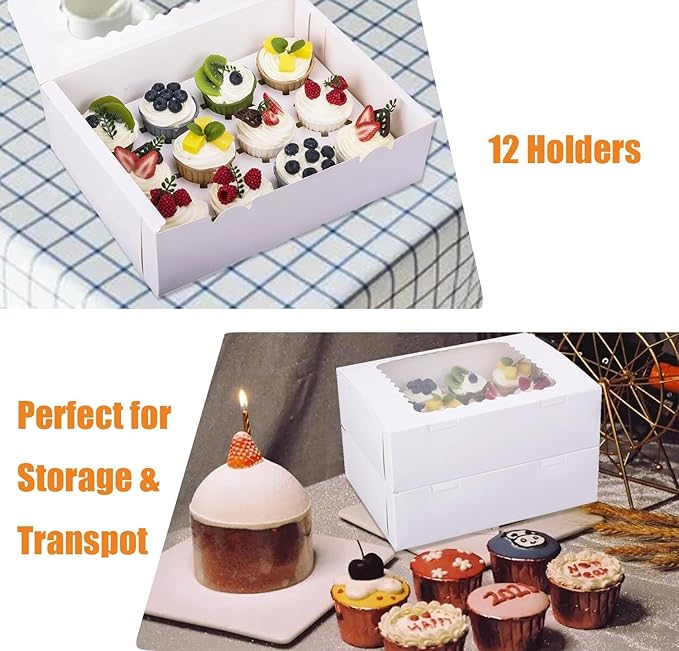 12-Set Cupcake Boxes Hold 12 Standard Cupcakes, Food Grade Cupcake Holders Bakery Carrier Boxes with Windows and Inserts for Cupcakes, Muffins and Pastries (White-12 Pack)
