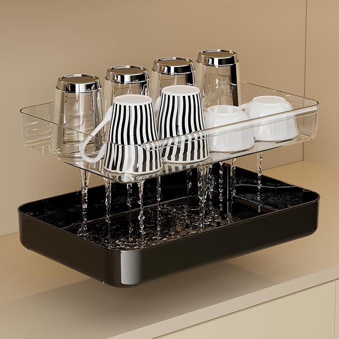 Countertop Coffee Station Organizer, 2 Tier Wine Glass Holder, Mug Display Shelf with Removable Drain Tray, Spice & condiment Rack for Kitchen, Bathroom Countertop Organizer, Black