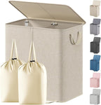 Lifewit Double Laundry Hamper with Lid and Removable Laundry Bags, Large Collapsible 2 Dividers Dirty Clothes Basket with Handles for Bedroom Laundry Room Closet Bathroom College, 144L Beige
