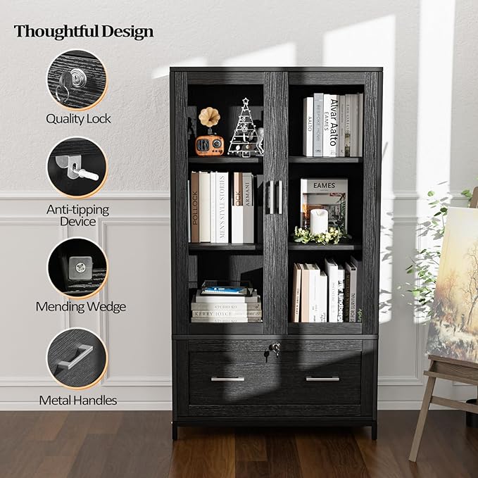 VINGLI Lateral File Cabinet with Glass Doors and Locking Drawer for Hanging File Folders, Bookshelf with Adjustable Shelves for Home Office (Black, 30''W x 16''D x 55''H)