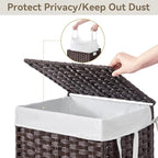 Chrislley 90L Slim Laundry Hamper with Wheels, Rolling Laundry Basket with Lid and Renovable Liner Bag, Handwoven Rattan Organizer for bedroom, bathroom, laundry room (Brown)