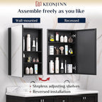 Keonjinn 36 x 24 Inch Black Medicine Cabinet, Bathroom Medicine Cabinet with Mirror, Lightweight Aluminum Structure, Assembly Required, in Wall or Wall Mount, Free Adjustable Shelves, Tempered Glass