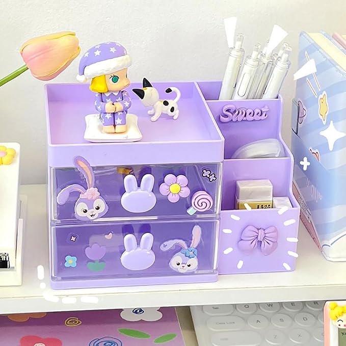2 Drawer Storage Organizer Small Plastic Drawer Kawaii Purple Desk Organizer Drawer for Bathroom, Dorm, Desk, Office